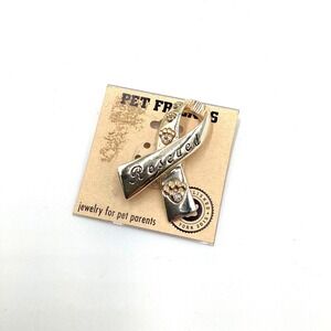 Pet Friends Rescued Ribbon Pin Silver Gold Tone Paw‎ Print Rhinestone Brooch